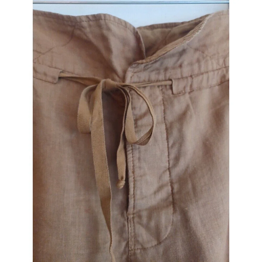 Zara brown linen tapered leg pants womens M paperbag waist button fly beach boho